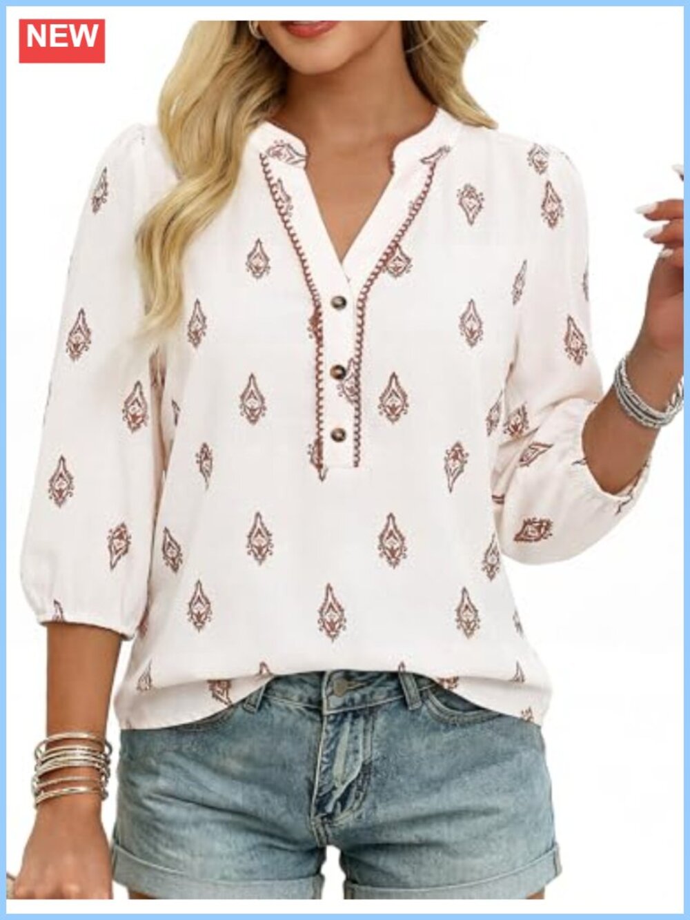 Womens Boho Floral Blouse V Neck Button Up 3/4 Sleeve Tunic Top